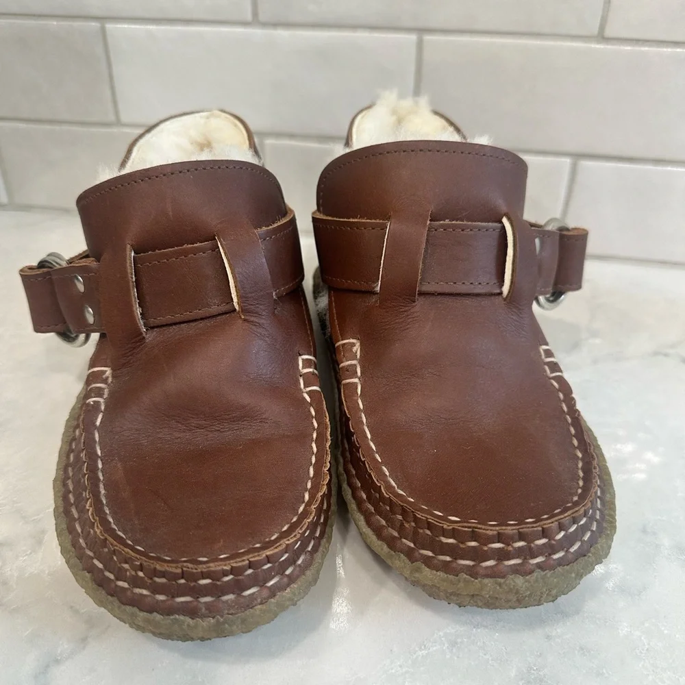 Quoddy Brown Leather Shearling-Lined Mule Clogs